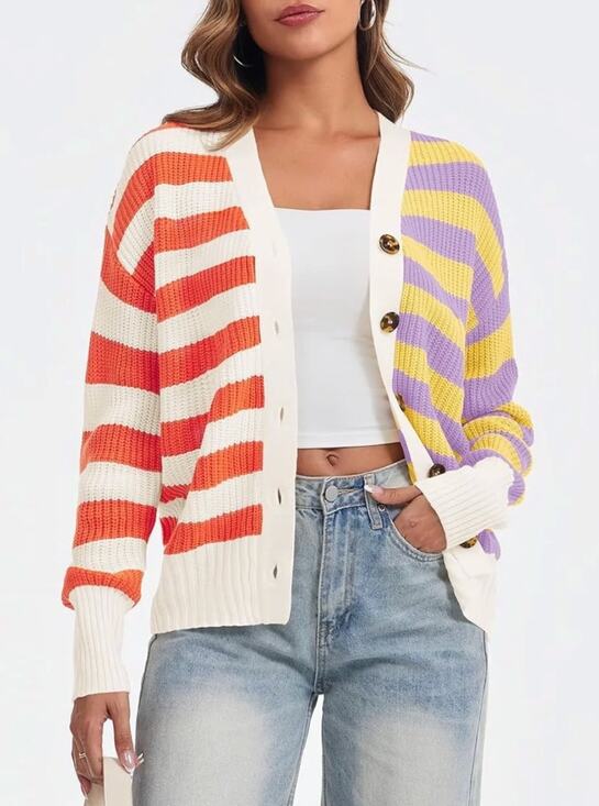 STAUD Sweaters - STAUD Essex Cardigan Cabana Stripe Orange Yellow Cream Purple Multi Large V-neck